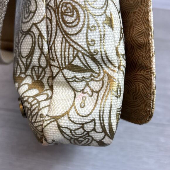 Sakroots Crossbody Purse Tan & Gold Pockets Adjustable Stitching With Vinyl - Picture 11 of 12